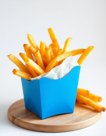 French fries in blue box on white background.の写真素材