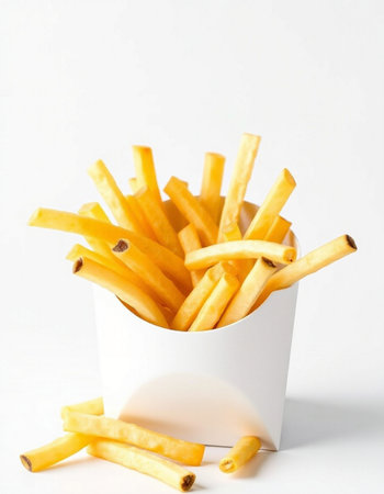 French fries in a white box on a white background. Selective focus.