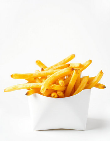 French fries in a white box on a white background. Selective focus.