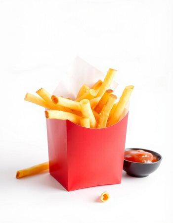 French fries in a red box with ketchup on a white backgroundの写真素材