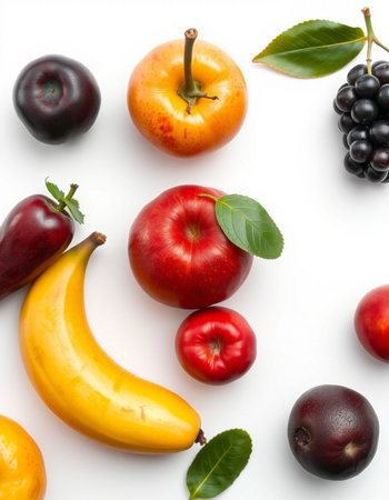 Fruits isolated on white background. Healthy food concept. Flat lay, top viewの写真素材