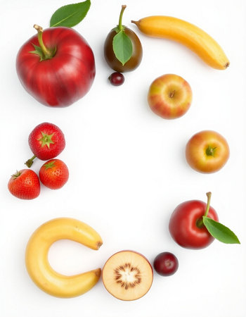 Composition of fresh fruits and berries on white background, top view