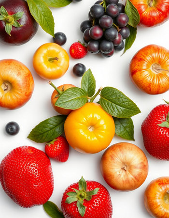 Fresh fruits and berries on white background, top view. Healthy foodの写真素材
