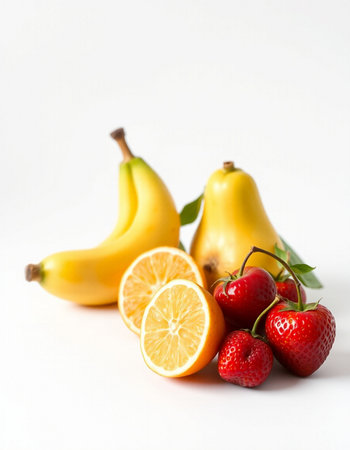 Fruits on a white background. Strawberries, lemons and bananasの写真素材