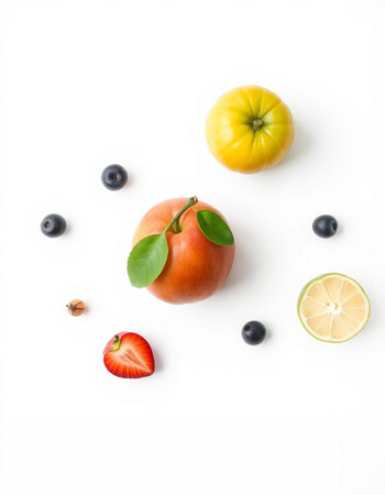 Fruits and berries on white background. Flat lay, top viewの写真素材