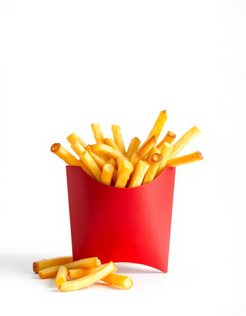 French fries in red box isolated on white background. Fast food.