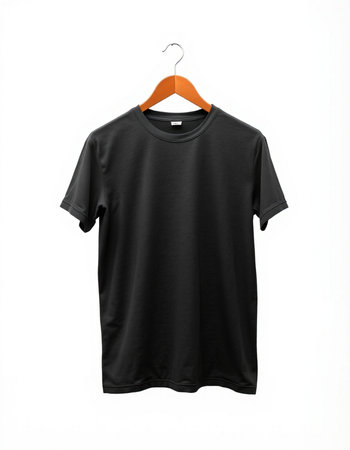 Black t-shirt on a hanger isolated on white background.の写真素材