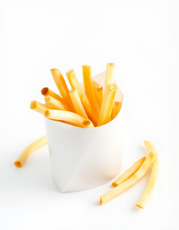 French fries in a white paper cup on a white background. Fast food.