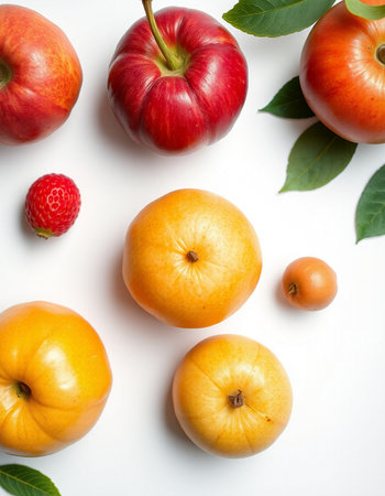 Ripe fruits on a white background. Flat lay, top viewの写真素材