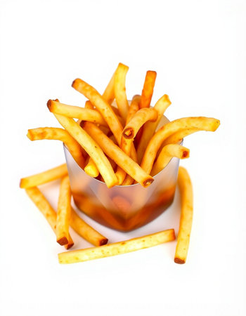 French fries in a glass container on a white background. Selective focus.