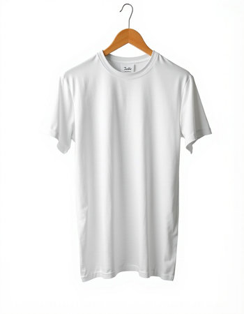 White t-shirt on a hanger on a white background.