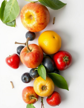 Fruits on a white background. Flat lay, top view.の写真素材