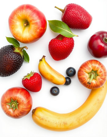 Fruits and berries isolated on white background. Top view. Flat lay.の写真素材