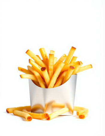 French fries in paper box isolated on white background, clipping path included