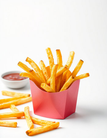 French fries in paper box with ketchup on white background, closeup