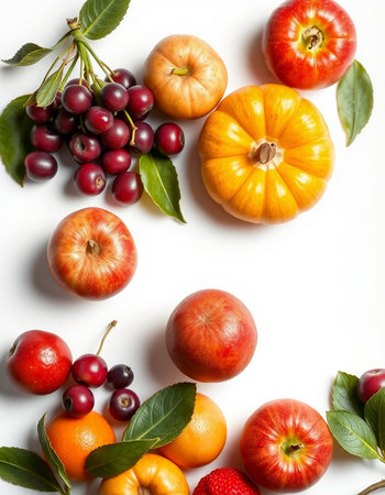 Fruits and vegetables on a white background. Flat lay, top viewの写真素材