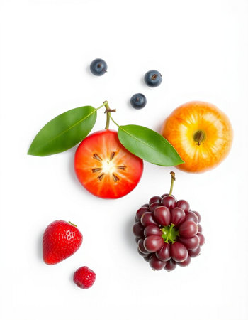 Fruits and berries on white background. Flat lay, top viewの写真素材