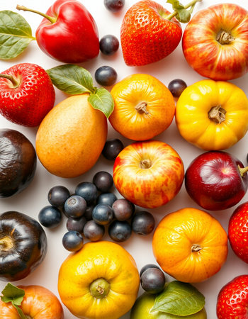 Fruits and vegetables on a white background. View from above.の写真素材