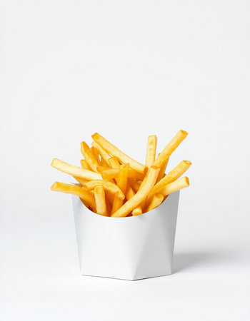 French fries in a white box on a white background. Fast food.の写真素材