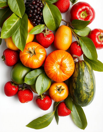 Fruits and vegetables isolated on a white background. Top view.の写真素材
