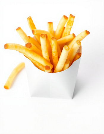 French fries in a paper box on a white background. Selective focus.