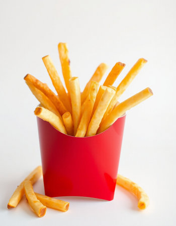 French fries in a red box on a white background. Selective focus.の写真素材