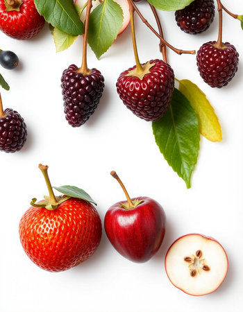 Fruit mix of blackberry, strawberry, red apple and blackberry on white backgroundの写真素材