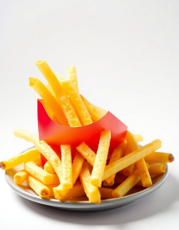 French fries in a plate on a white background. Selective focus.
