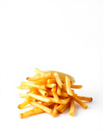 French fries isolated on a white background. Selective focus, shallow depth of field.
