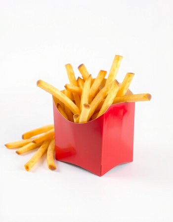 French fries in a red box on a white background. Isolatedの写真素材