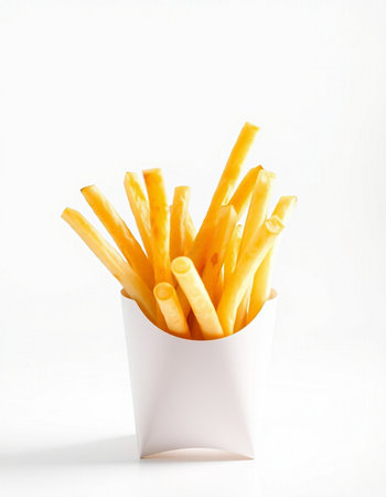 French fries in a paper box on a white background. Isolated