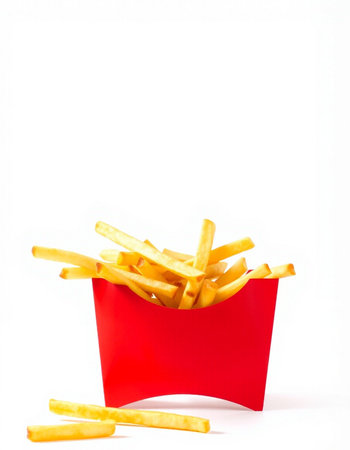 French fries in a red box on a white background. Fast food.