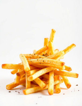 French fries on white background. Selective focus. Toned.