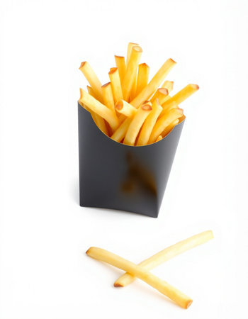 French fries in a black box on a white background. Isolatedの写真素材
