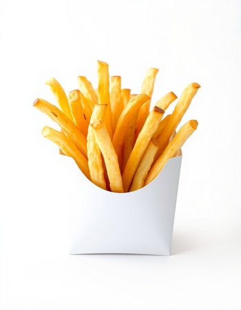 French fries in a white box on a white background. Isolated