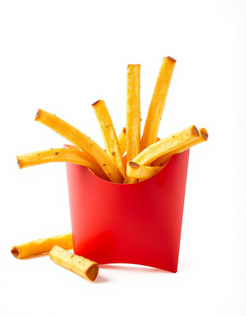 French fries in a red box on a white background, isolated.