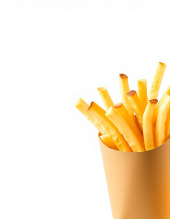 French fries in paper box isolated on white background. Selective focus.