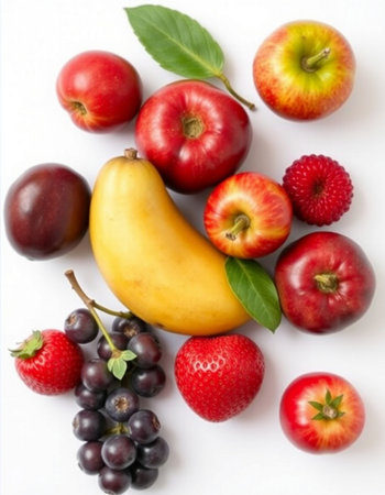 Fruits on the white background. Healthy food. Top view.