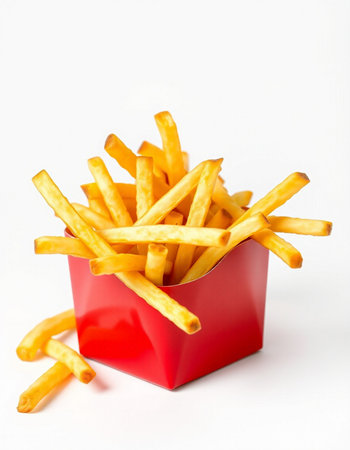 French fries in a red box on a white background. Isolated
