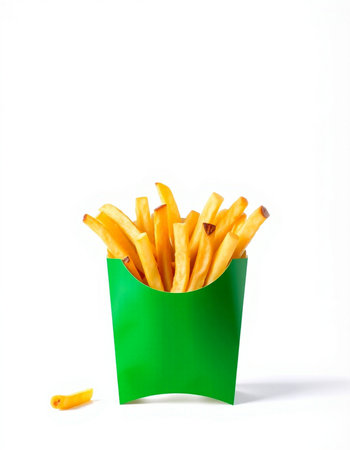 French fries in a green box on a white background. Isolatedの写真素材