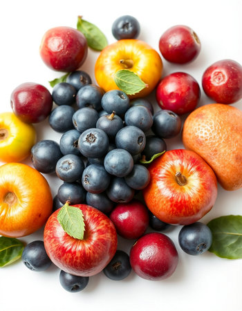 Fruits on a white background. Healthy food concept. Top view.