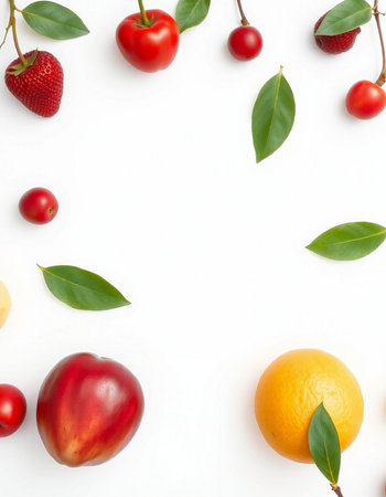 Fruits and berries on white background. Flat lay, top viewの写真素材