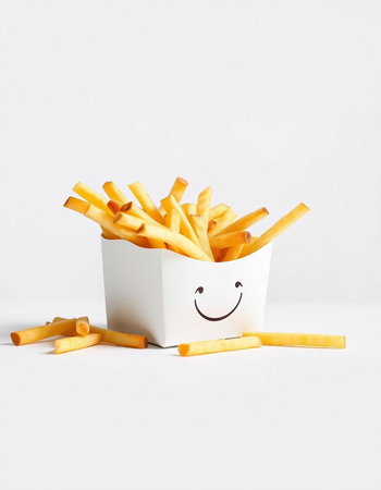 French fries in a paper box on a white background with a smiling faceの写真素材