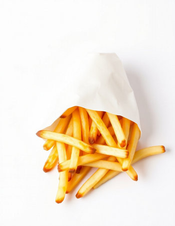 French fries in paper bag isolated on white background. Top view.