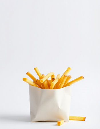 French fries in a white paper bag on a white background. Copy space.