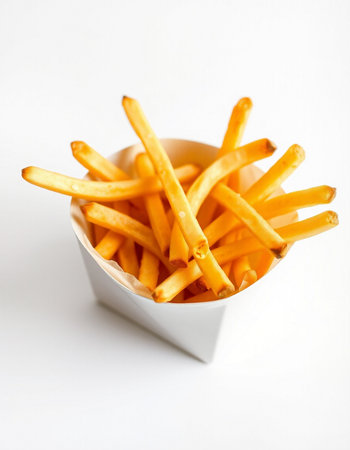 French fries in paper box on white background. Selective focus.