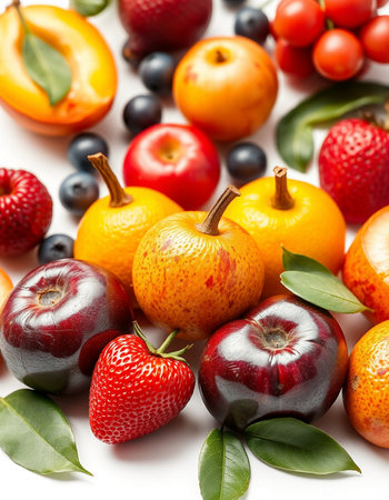 Fruits on a white background, close-up, selective focus.