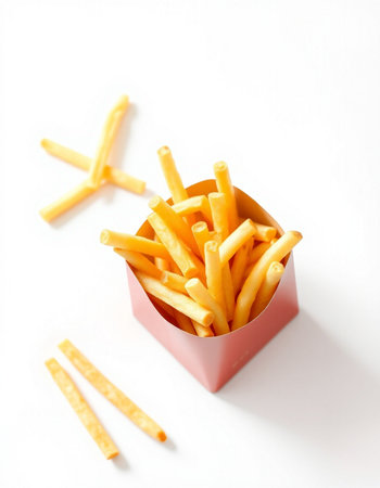 French fries in a pink box on a white background, top view