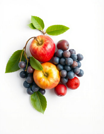 Fruits and berries on white background. Top view. Flat lay.の写真素材