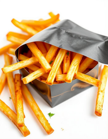 French fries in a paper bag on a white background. Close-up.